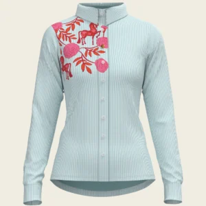 ESPOIR EQUESTRIAN Everyday Buttoned Shirt - Peony in Pink on Blue Stripes- Long Sleeve