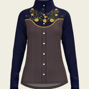 ESPOIR EQUESTRIAN Western Navy Ladies Snap Long Sleeve Shirt - Stirrups with Stripes